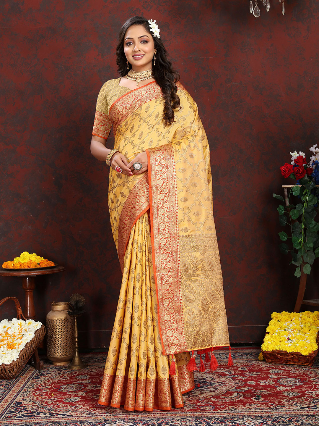 

V3 FASHION STUDIO Ethnic Motifs Woven Design Zari Silk Cotton Banarasi Saree, Yellow