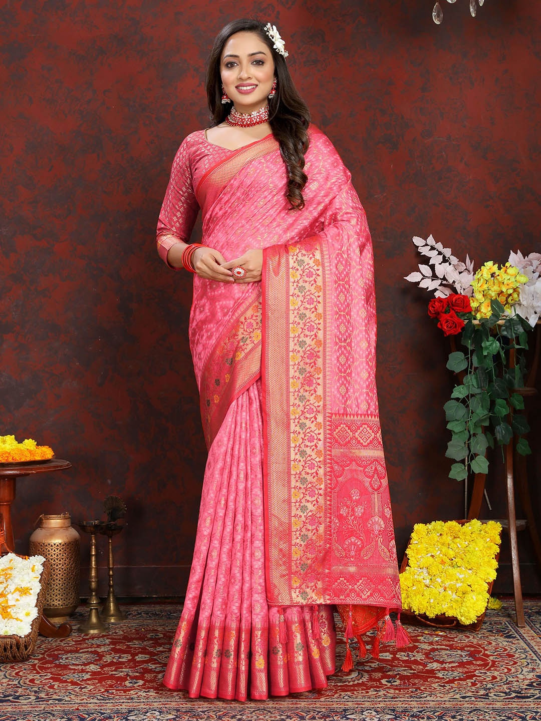 

V3 FASHION STUDIO Ethnic Motifs Woven Design Zari Organza Banarasi Saree, Pink