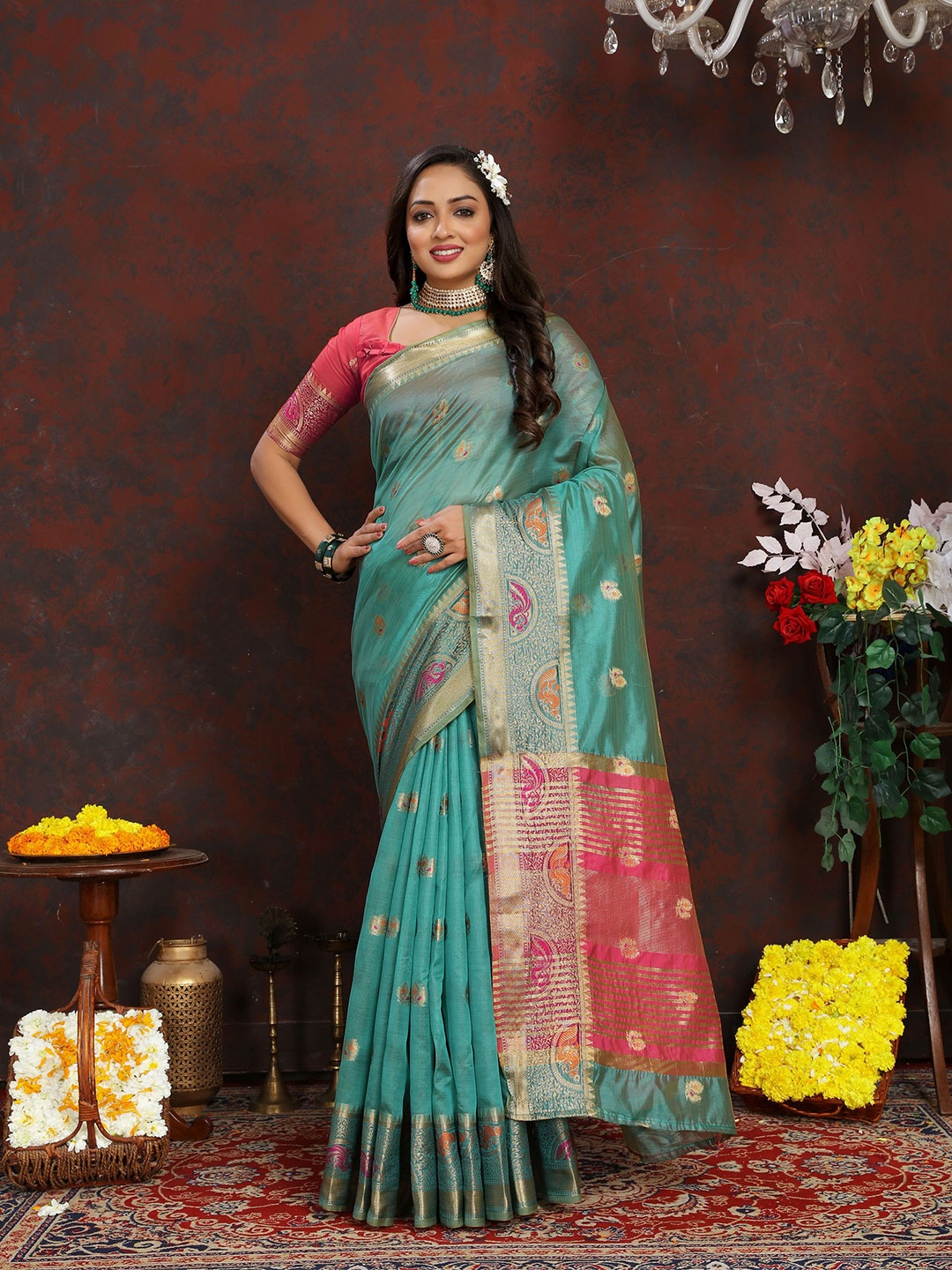 

V3 FASHION STUDIO Woven Design Zari Organza Banarasi Saree, Blue