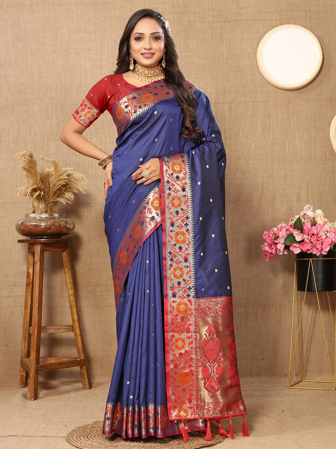 

V3 FASHION STUDIO Ethnic Motifs Woven Design Zari Pure Silk Paithani Saree, Blue