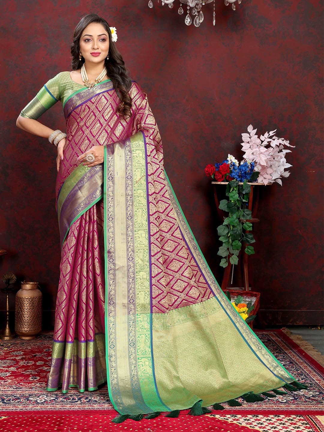 

V3 FASHION STUDIO Ethnic Motifs Woven Design Zari Silk Cotton Banarasi Saree, Pink