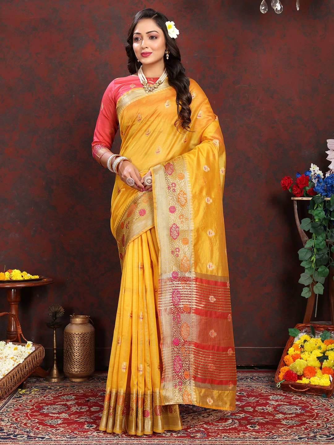 

V3 FASHION STUDIO Ethnic Motifs Woven Design Zari Organza Banarasi Saree, Yellow