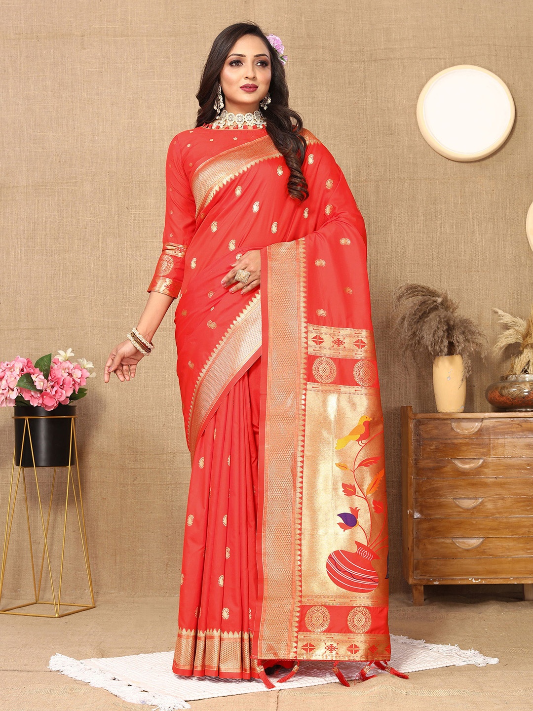 

V3 FASHION STUDIO Ethnic Motifs Woven Design Zari Pure Silk Paithani Saree, Red