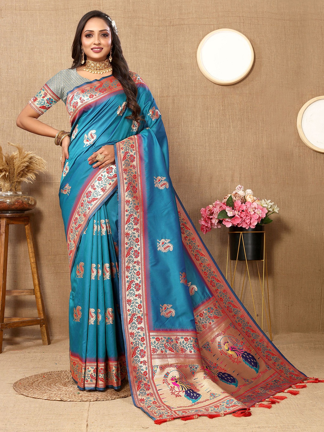 

V3 FASHION STUDIO Woven Design Zari Pure Silk Paithani Saree, Blue