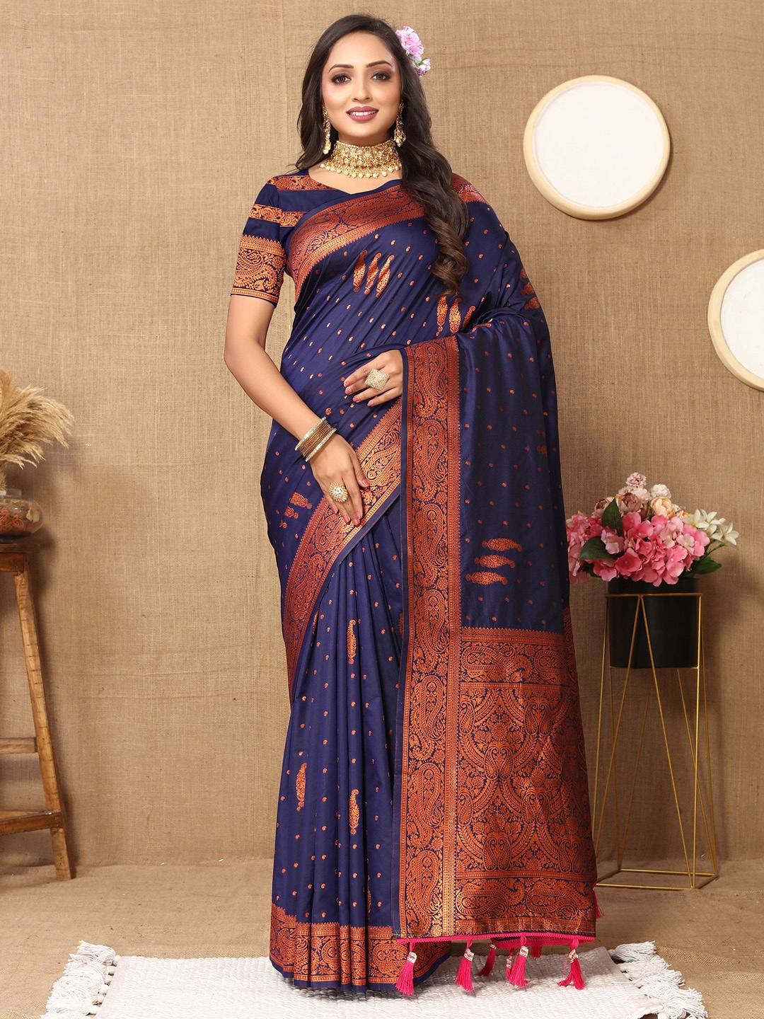 

V3 FASHION STUDIO Ethnic Motifs Woven Design Zari Pure Silk Banarasi Saree, Navy blue