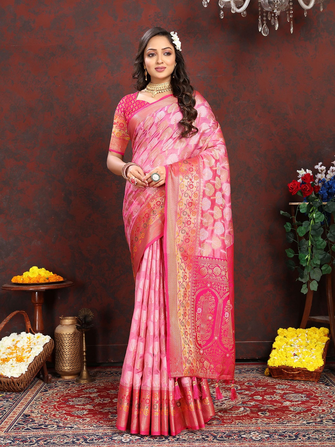 

V3 FASHION STUDIO Woven Design Zari Organza Banarasi Saree, Pink