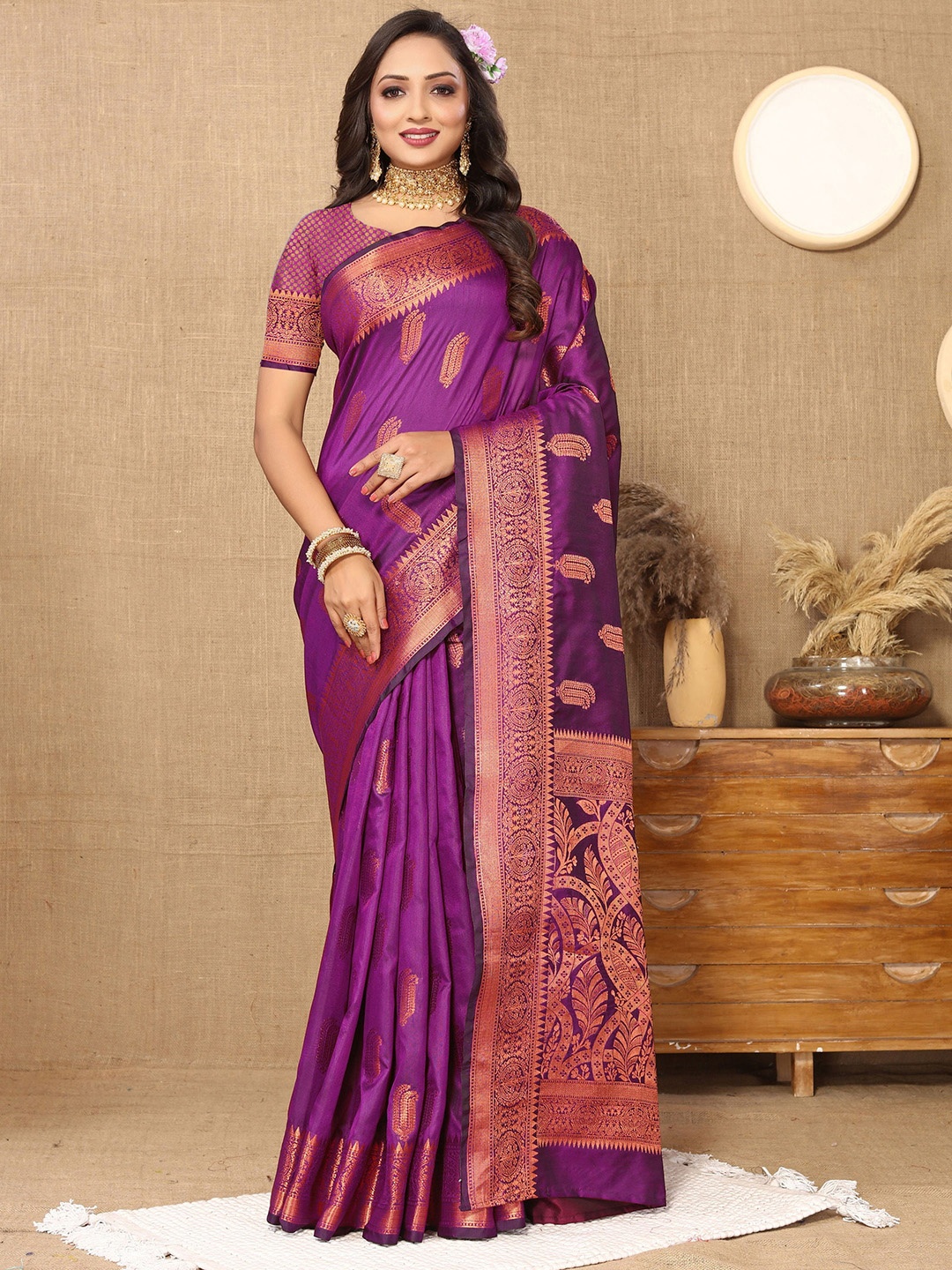 

V3 FASHION STUDIO Ethnic Motifs Zari Silk Cotton Banarasi Saree, Purple