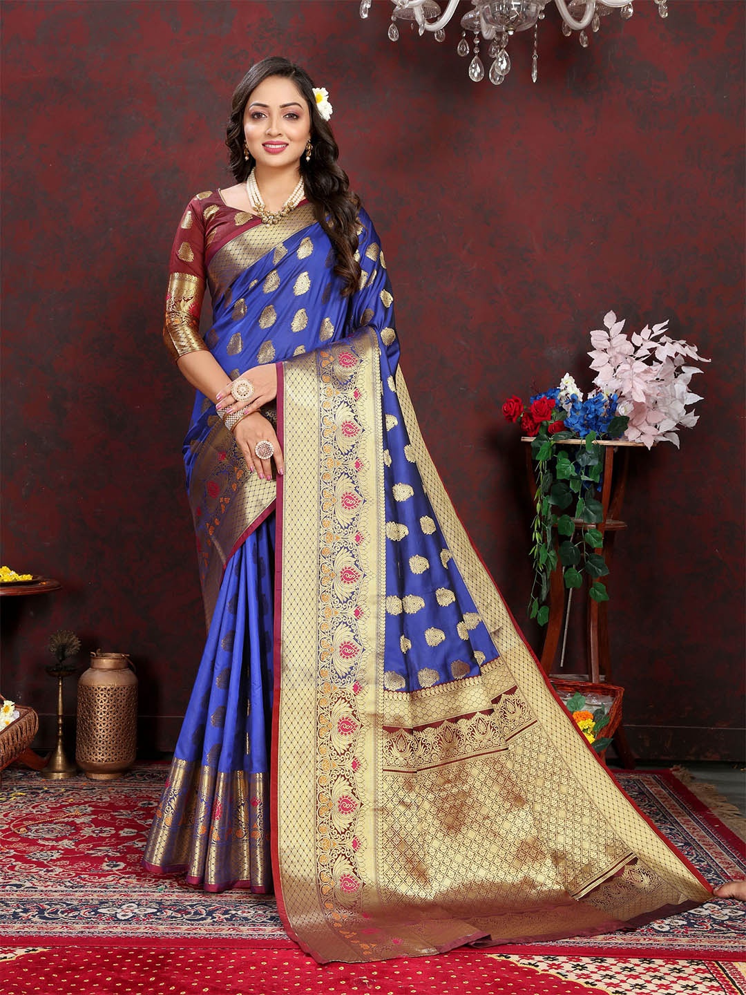 

V3 FASHION STUDIO Woven Design Zari Silk Cotton Banarasi Saree, Blue