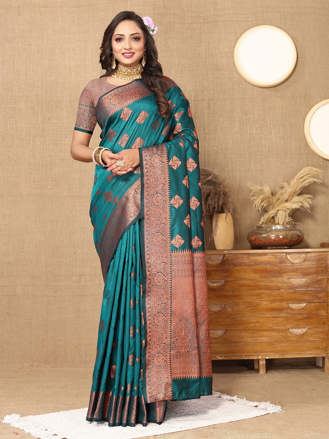 

V3 FASHION STUDIO Ethnic Motifs Woven Design Zari Silk Cotton Banarasi Saree, Teal