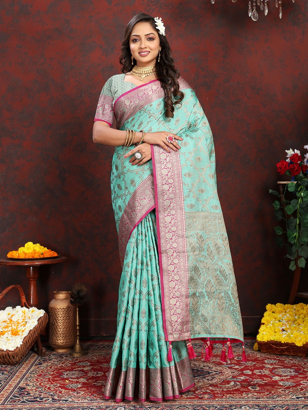 

V3 FASHION STUDIO Woven Design Zari Silk Cotton Banarasi Saree, Blue