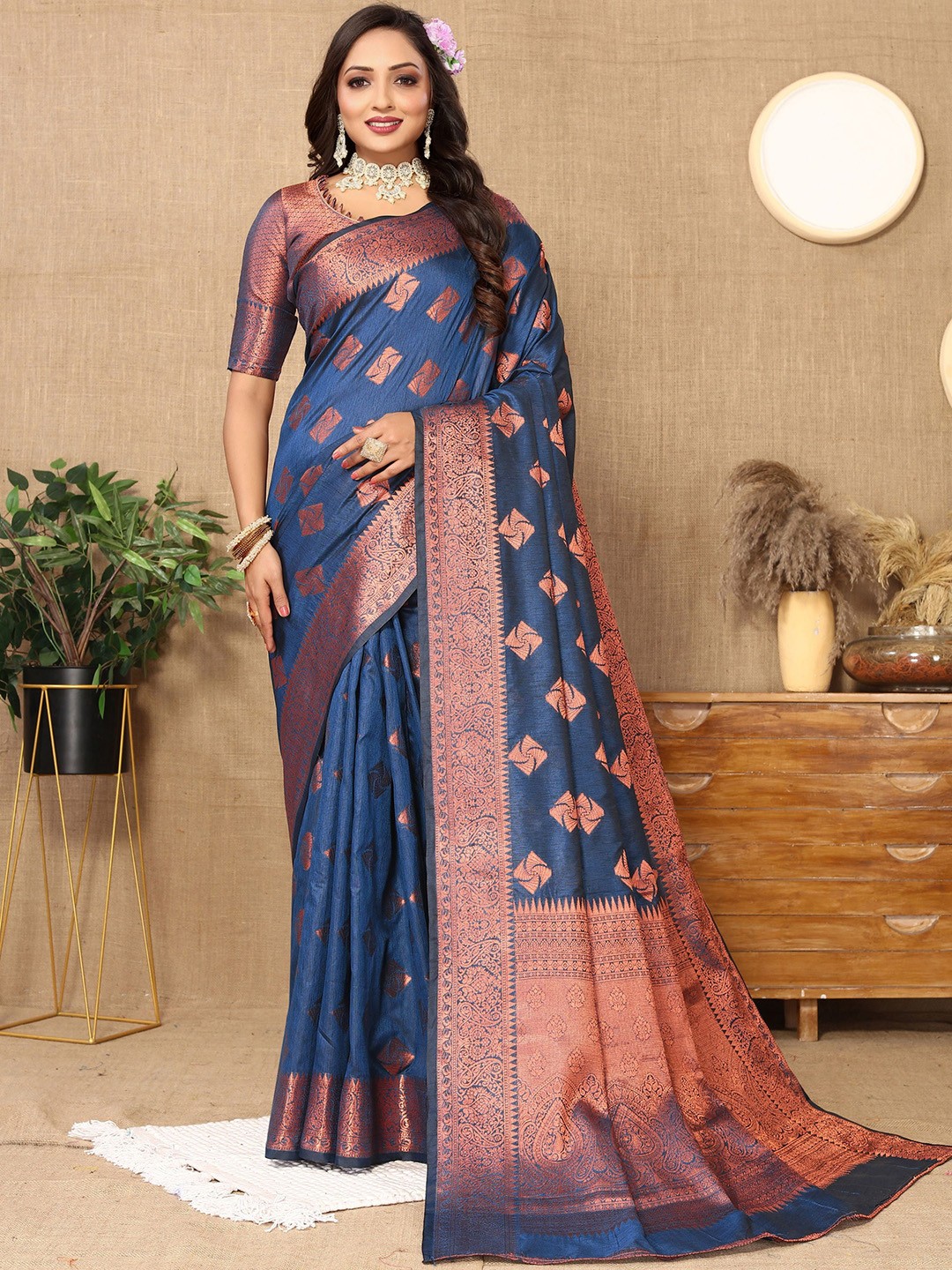 

V3 FASHION STUDIO Woven Design Zari Silk Cotton Banarasi Saree, Blue