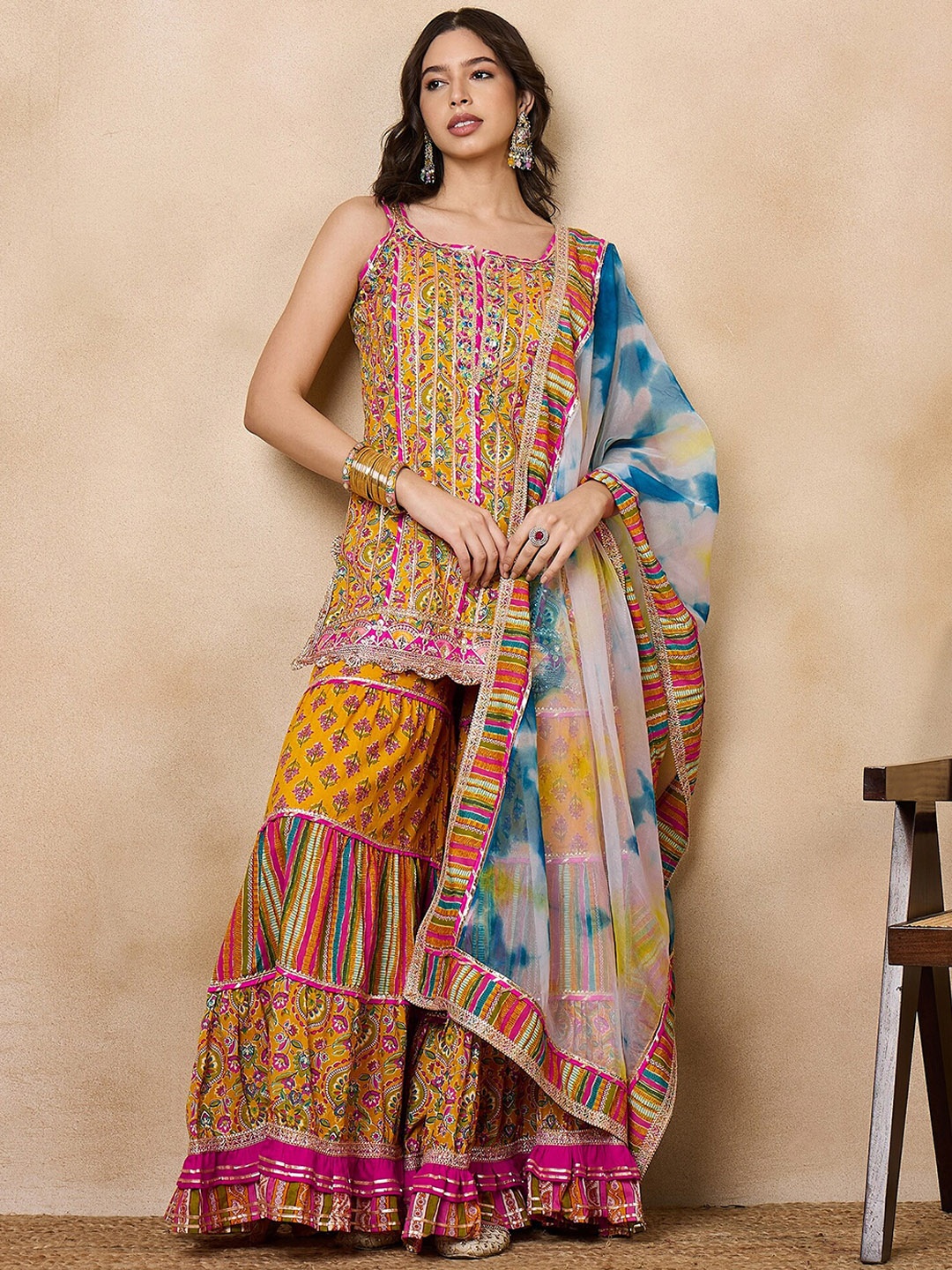 

RAJGRANTH Women Ethnic Motifs Printed Regular Kantha Work Pure Cotton Top with Sharara & With Dupatta, Mustard