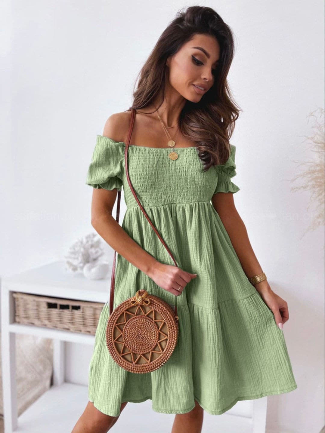 

DressBerry Green Smocked Off-Shoulder Puff Sleeve Fit & Flare Dress