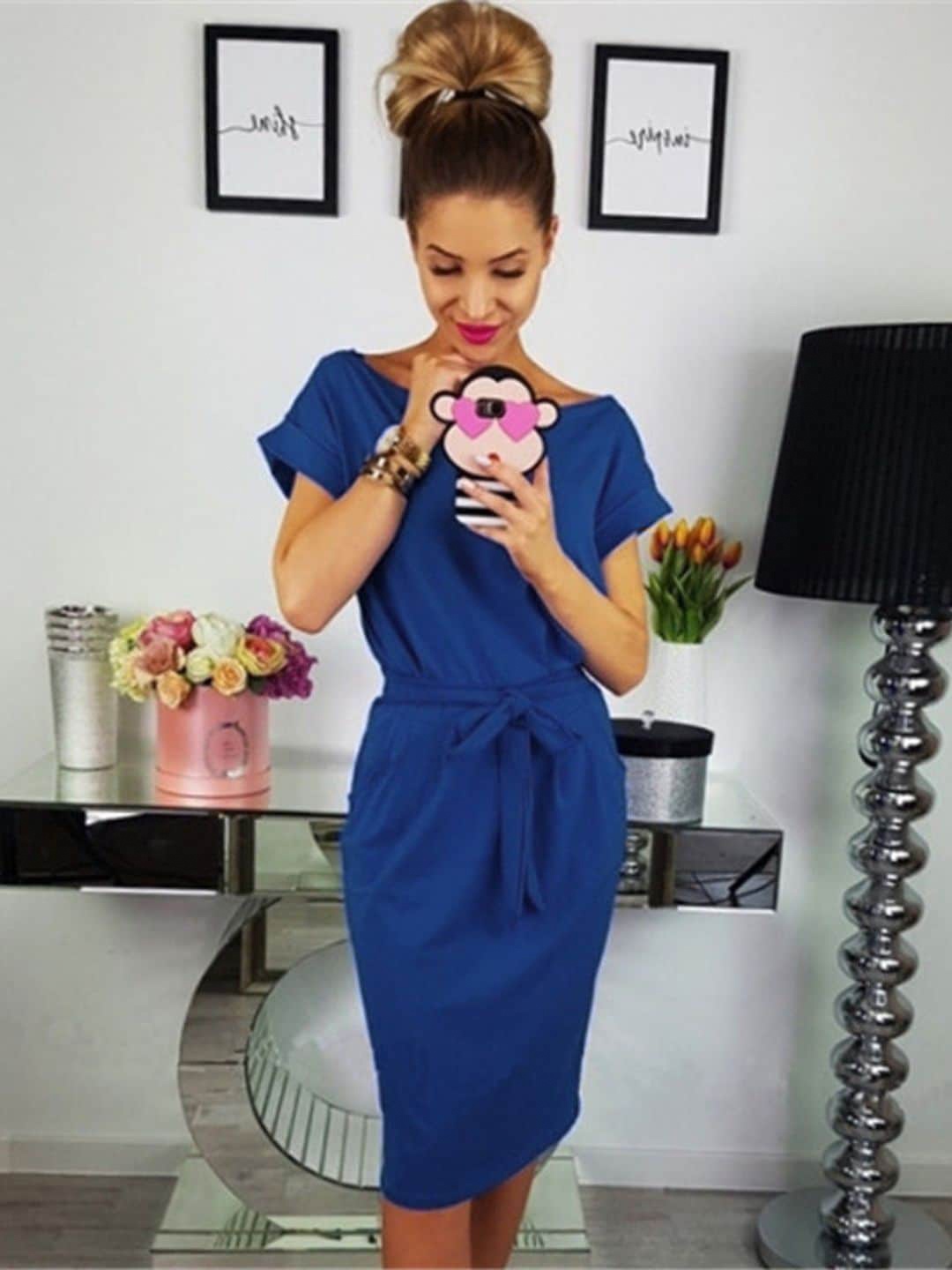 

DressBerry Navy Blue Extended Sleeves Boat Neck Sheath Dress