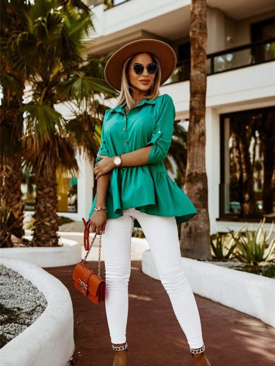 

DressBerry Green Shirt Collar Roll-Up Sleeves Peplum Top