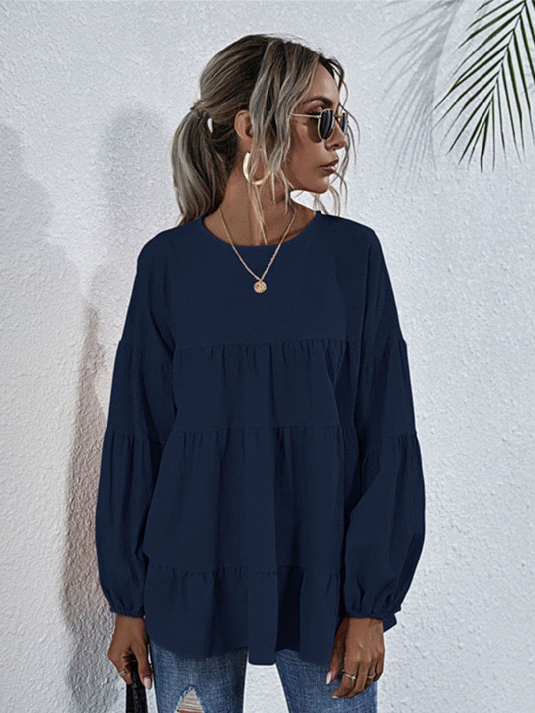 

DressBerry Navy Blue Round Neck Long Cuffed Sleeves Top