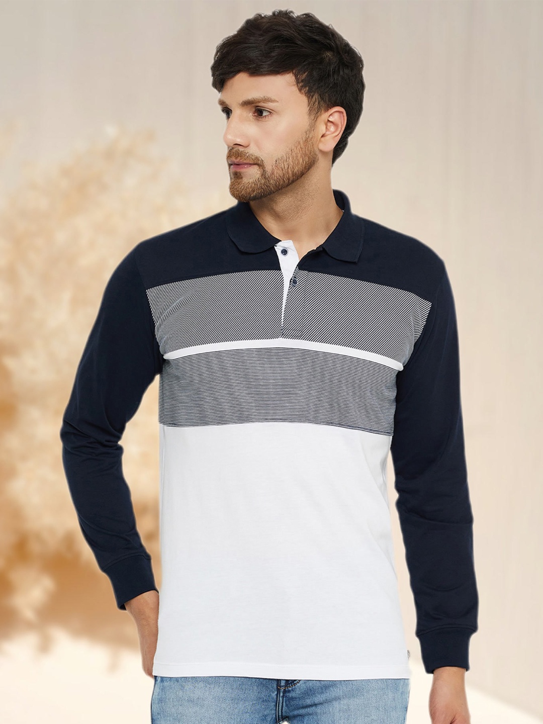 

WILD WEST Men Colourblocked Polo Collar Raw Edge T-shirt, Multi