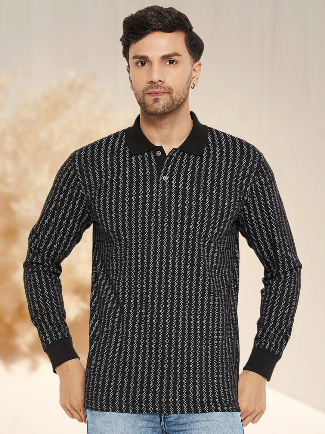 

WILD WEST Men Striped Henley Neck Pockets T-shirt, Black