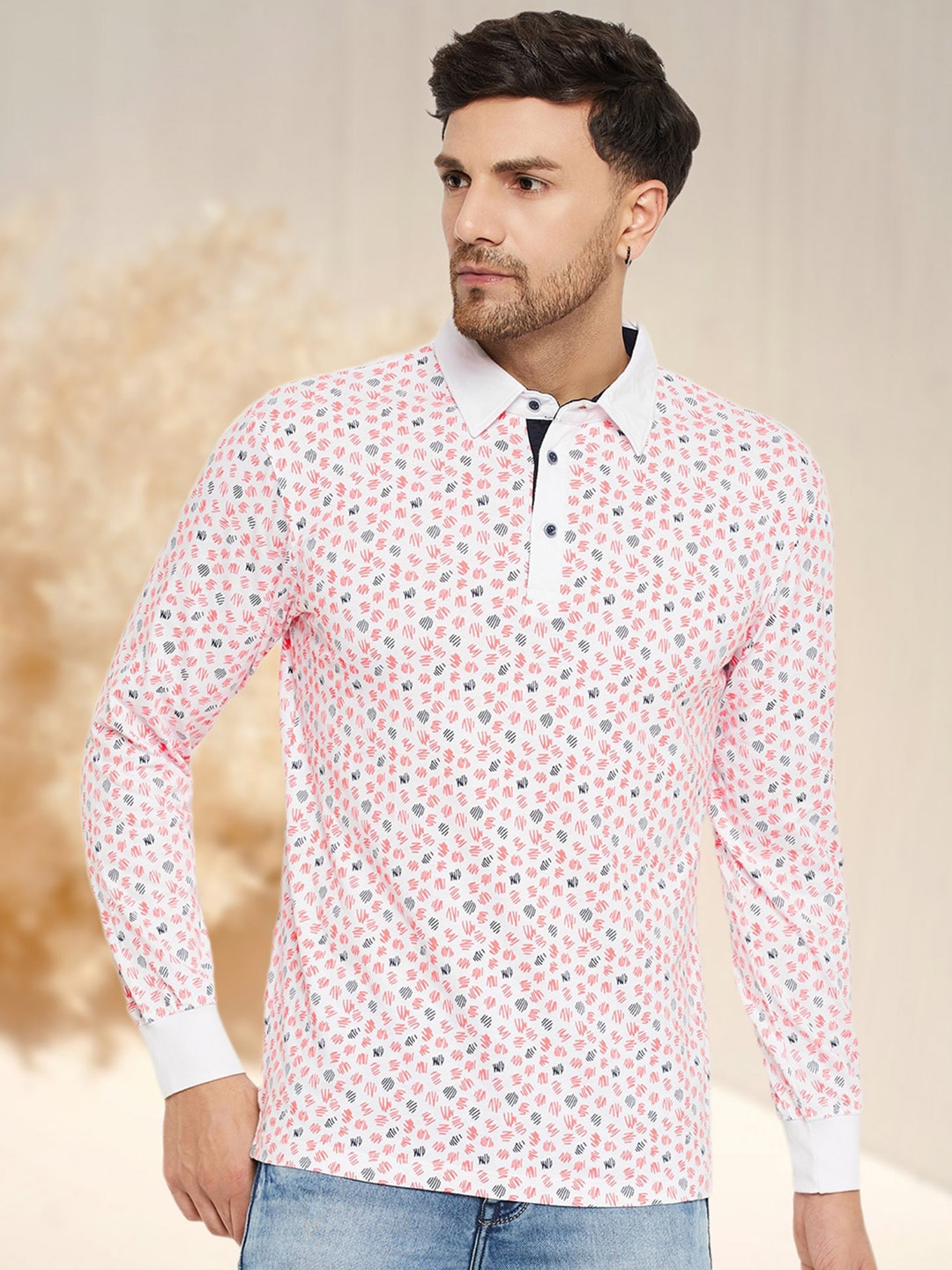 

WILD WEST Men Printed Polo Collar Pockets T-shirt, White