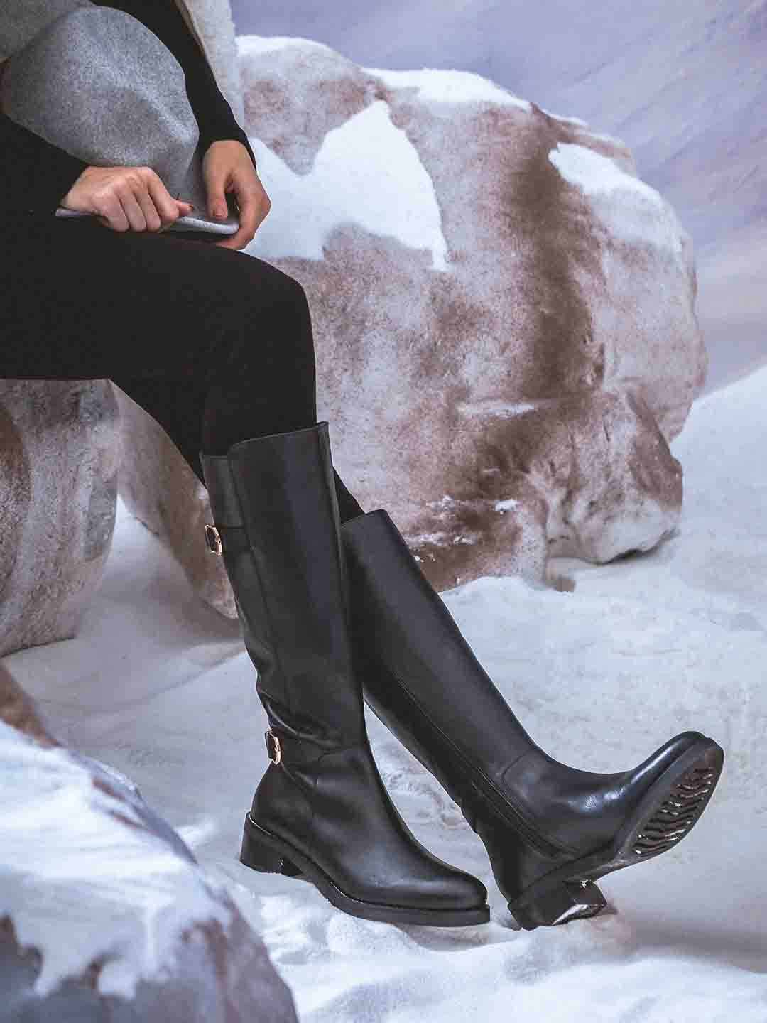 

Saint G Women Leather High-Top Slouchy Boots, Black