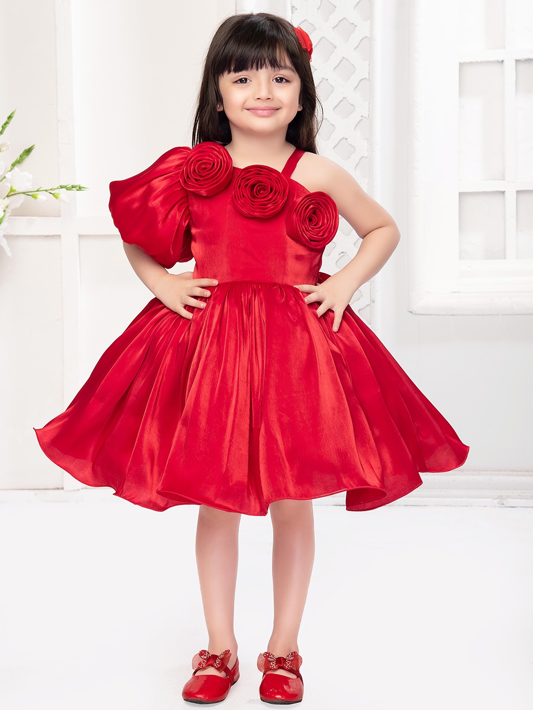 

Ministitch Puff Sleeve Applique Fit & Flare Dress, Red
