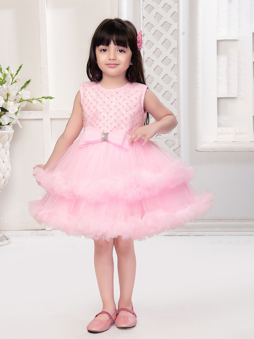 

Ministitch Girls Self Design Embellished Round Neck Fit & Flare Dress With Bow, Pink