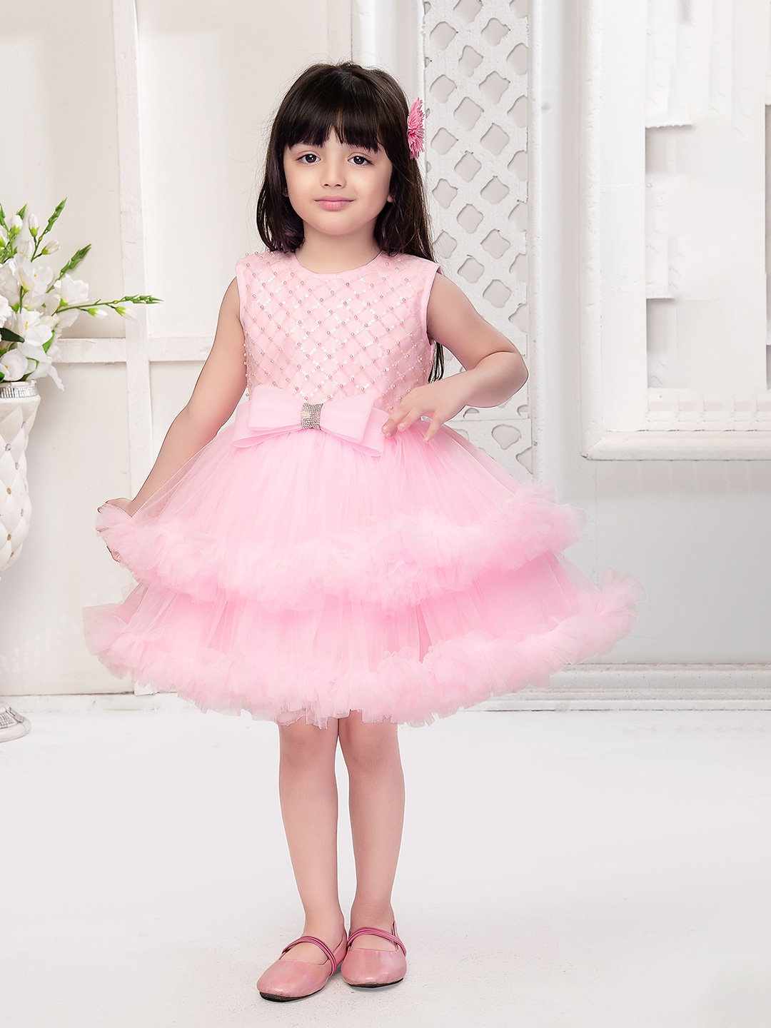 

Ministitch Girls Round Neck Sleveless Fit & Flare Dress, Pink
