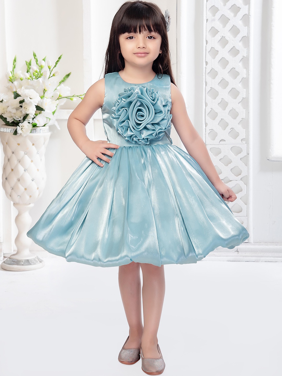 

Ministitch Round Neck Corsage Fit & Flare Dress, Blue