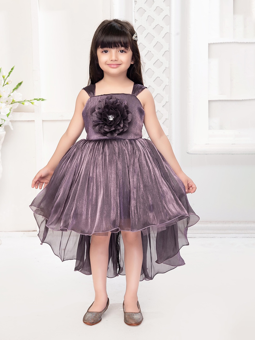 

Ministitch Infant Shoulder Straps Flower Applique High-Low Tissue Fit & Flare Dress, Purple