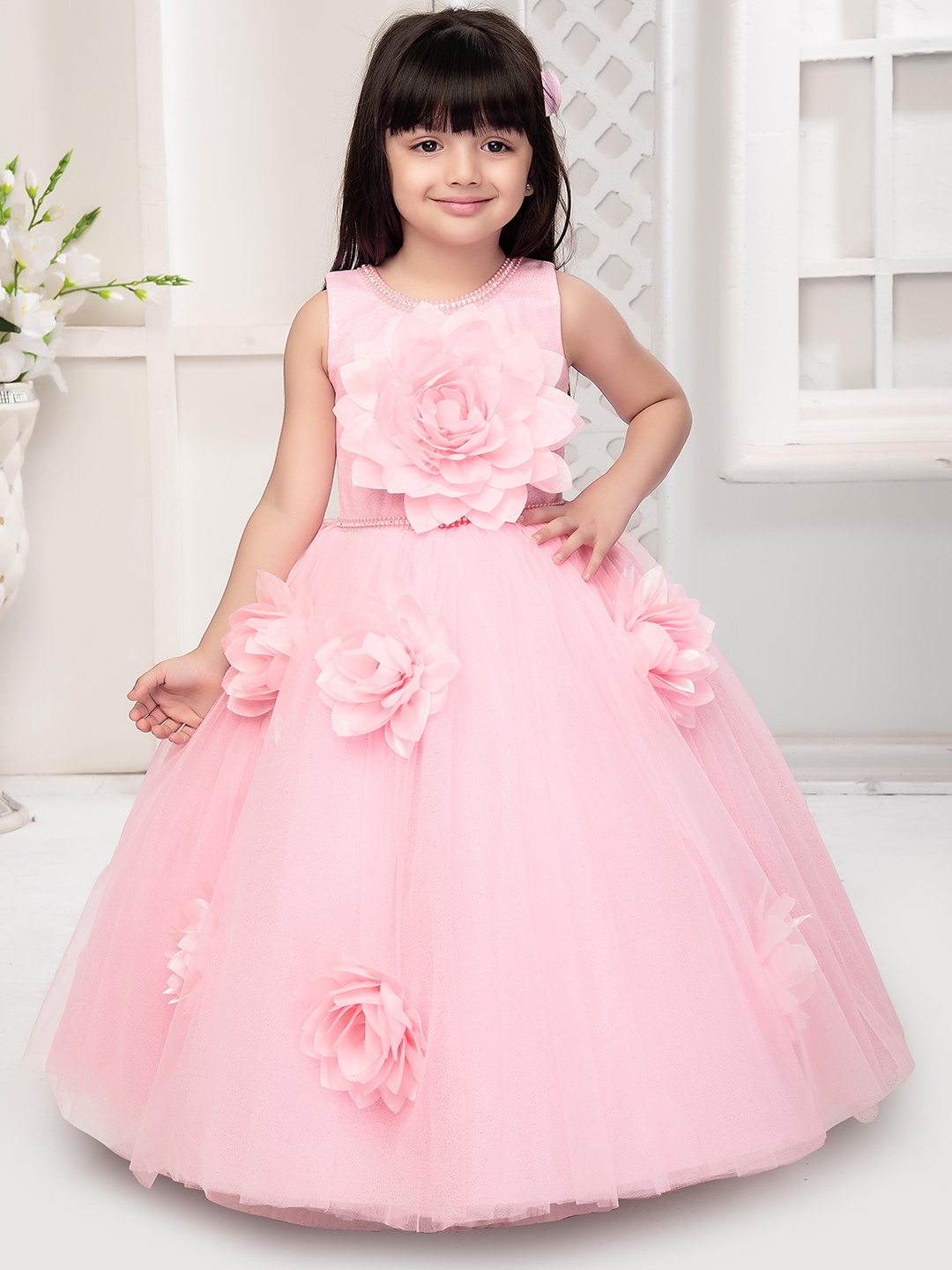 

Ministitch Applique Net Fit & Flare Dress, Pink