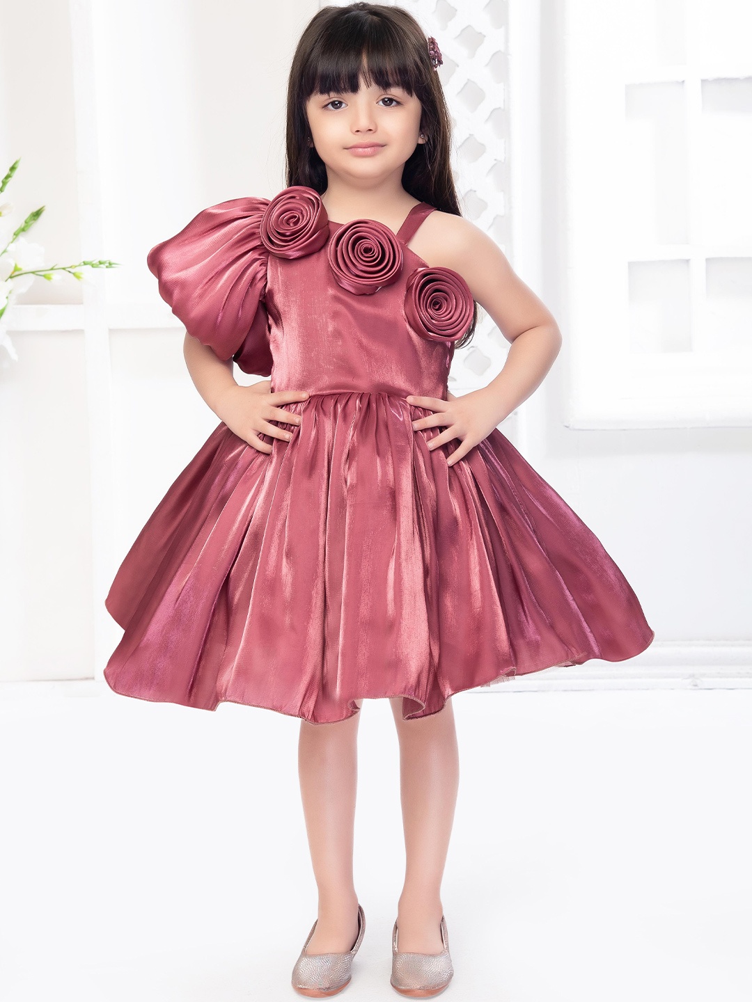 

Ministitch Puff Sleeve Applique Fit & Flare Dress, Pink