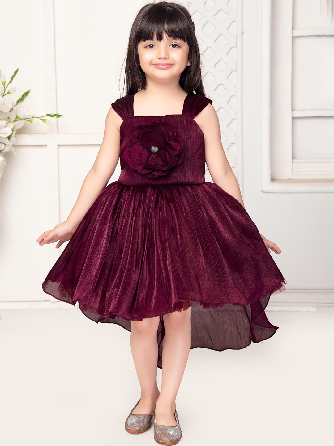 

Ministitch Shoulder Straps Corsage Fit & Flare Dress, Maroon