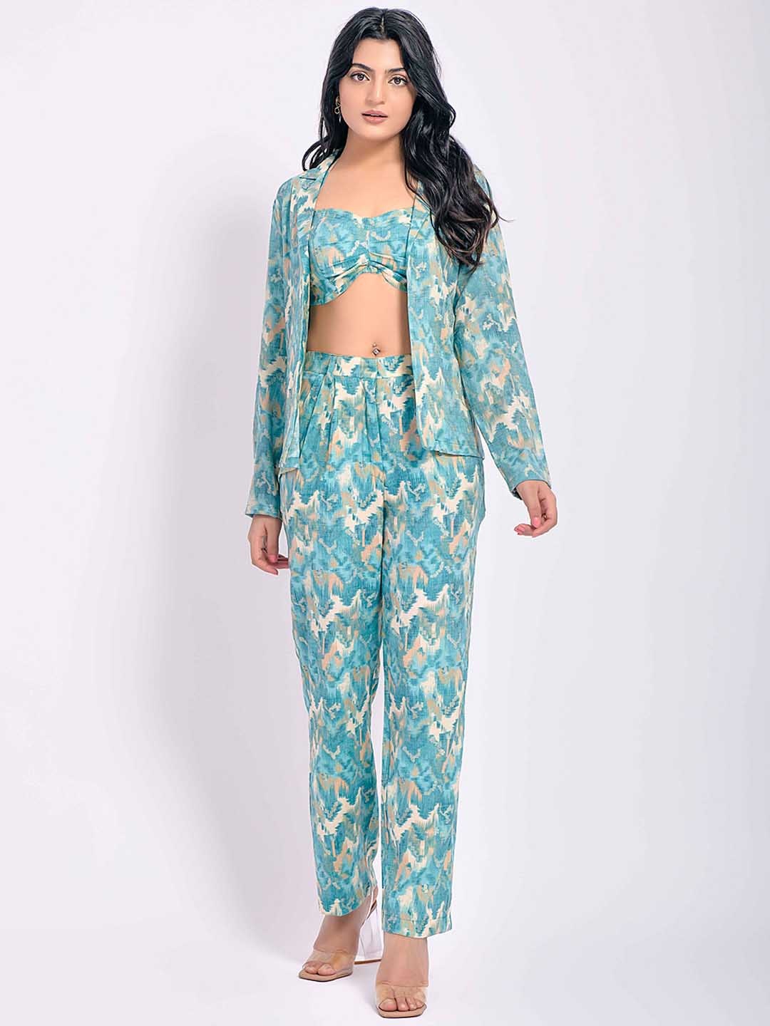 

GARDEN PARTY Printed Halter Neck Top With Flared Trouser & Jacket Co-Ords, Sea green