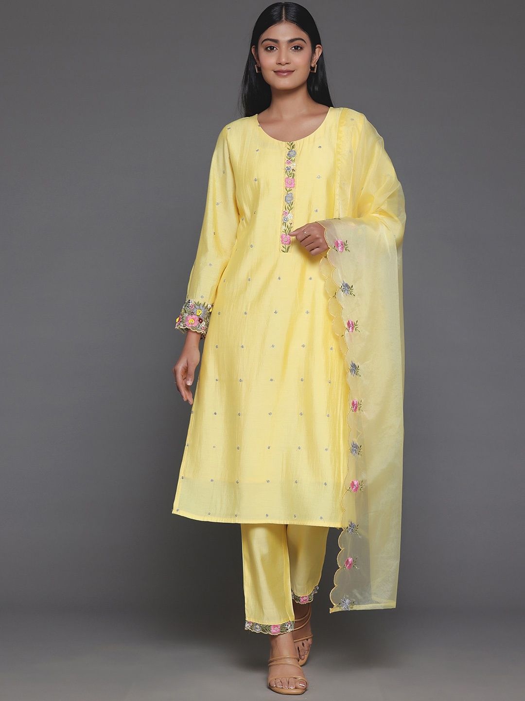 

Libas Women Floral Embroidered Regular Beads and Stones Kurta with Trousers & With Dupatta, Yellow