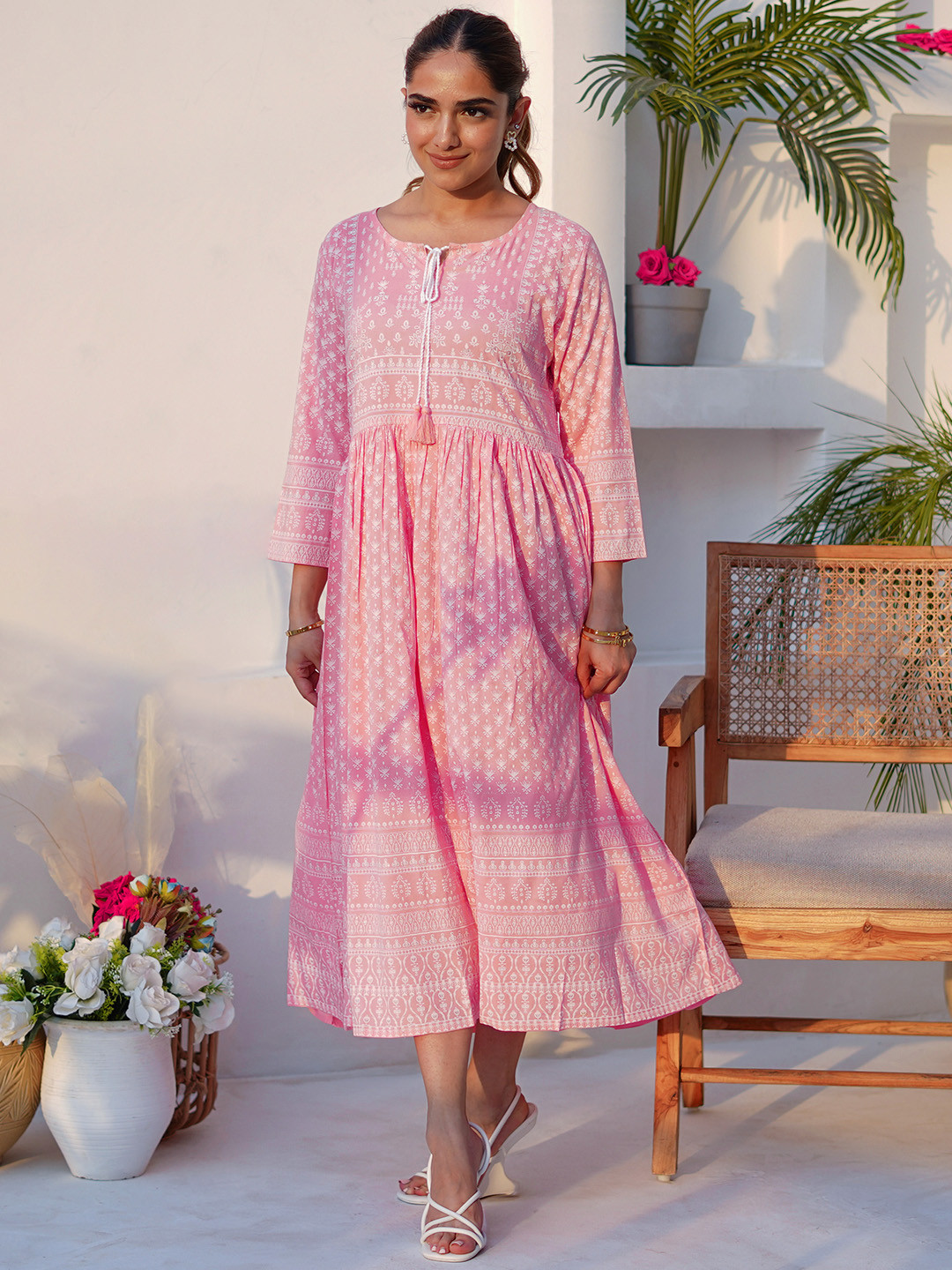 

Libas Ethnic Motifs Print A-Line Midi Dress, Pink