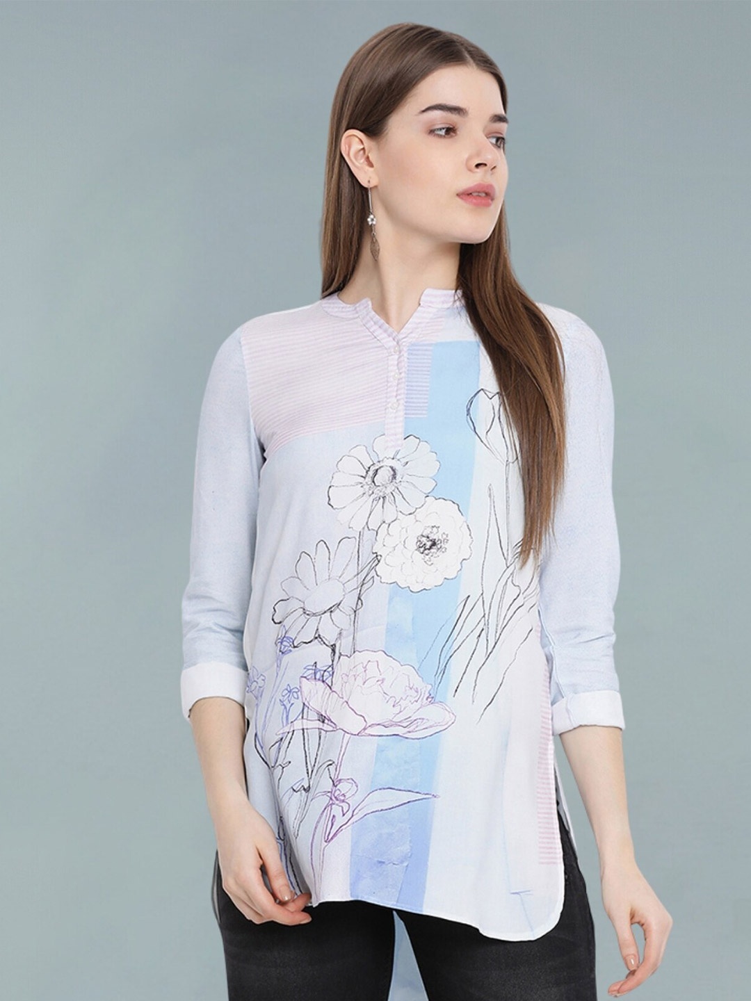 

Moda Elementi Print Mandarin Collar Sheer Shirt Style Longline Top, Blue