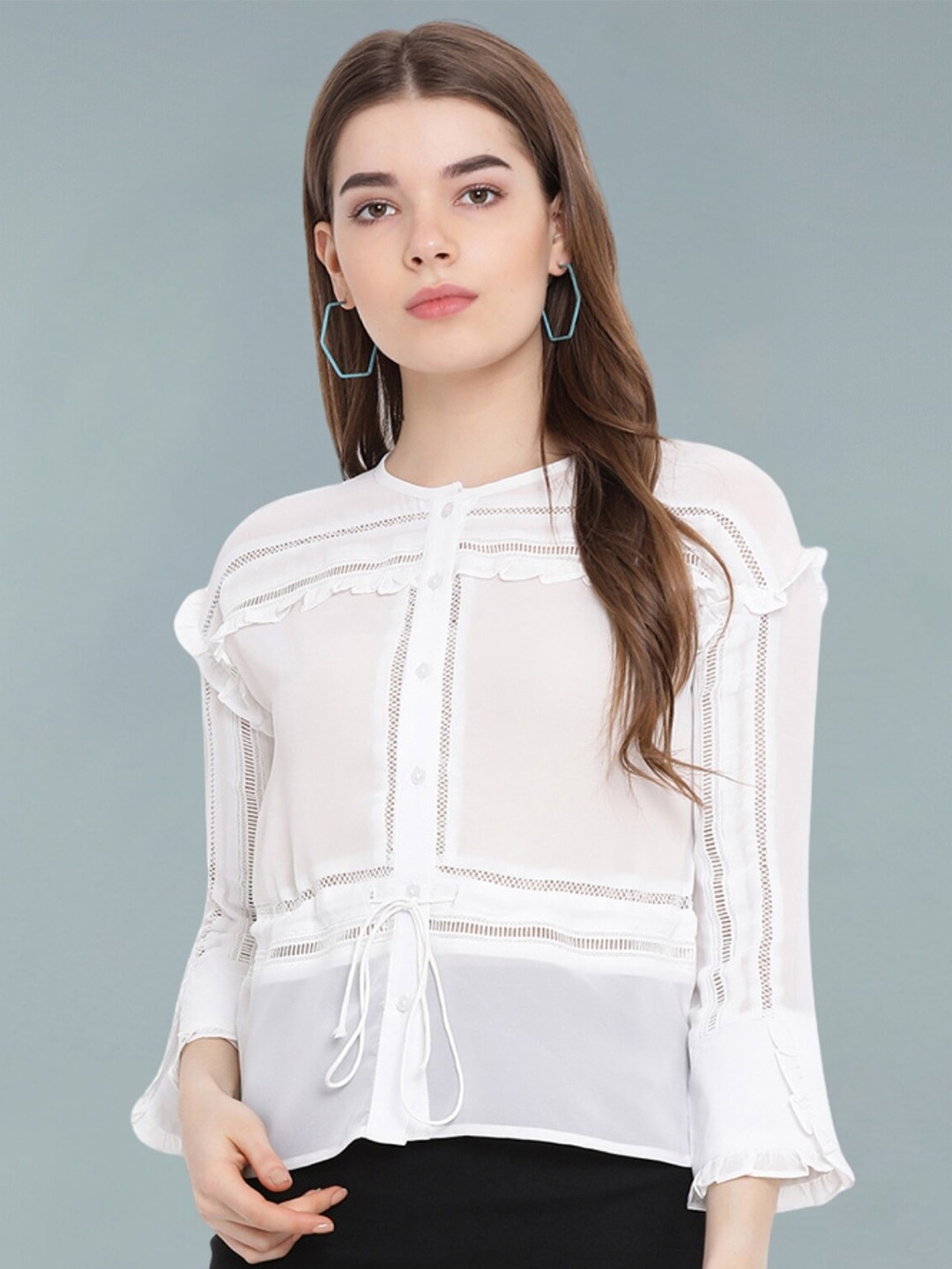 

Moda Elementi Mandarin Collar Bell Sleeve Sheer Top, White