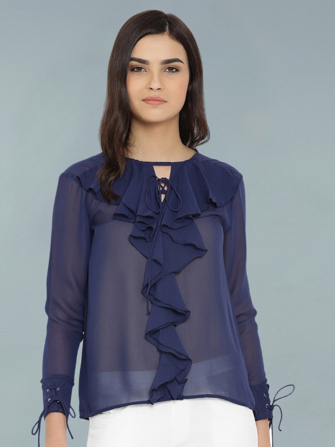 

Moda Elementi Tie-Up Neck Ruffles Sheer Top, Navy blue