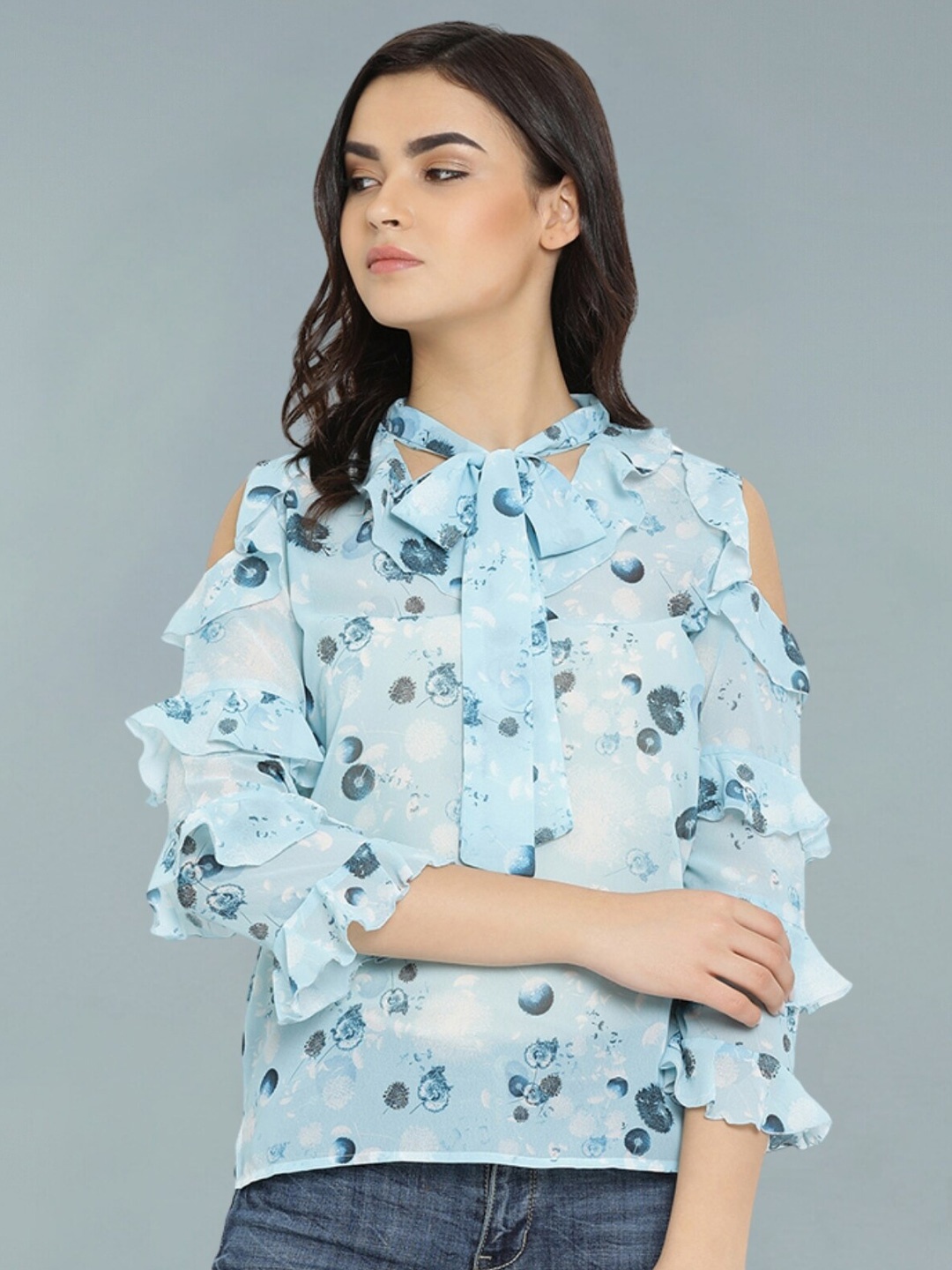 

Moda Elementi Floral Print Tie-Up Neck Cold-Shoulder Sheer Top, Blue