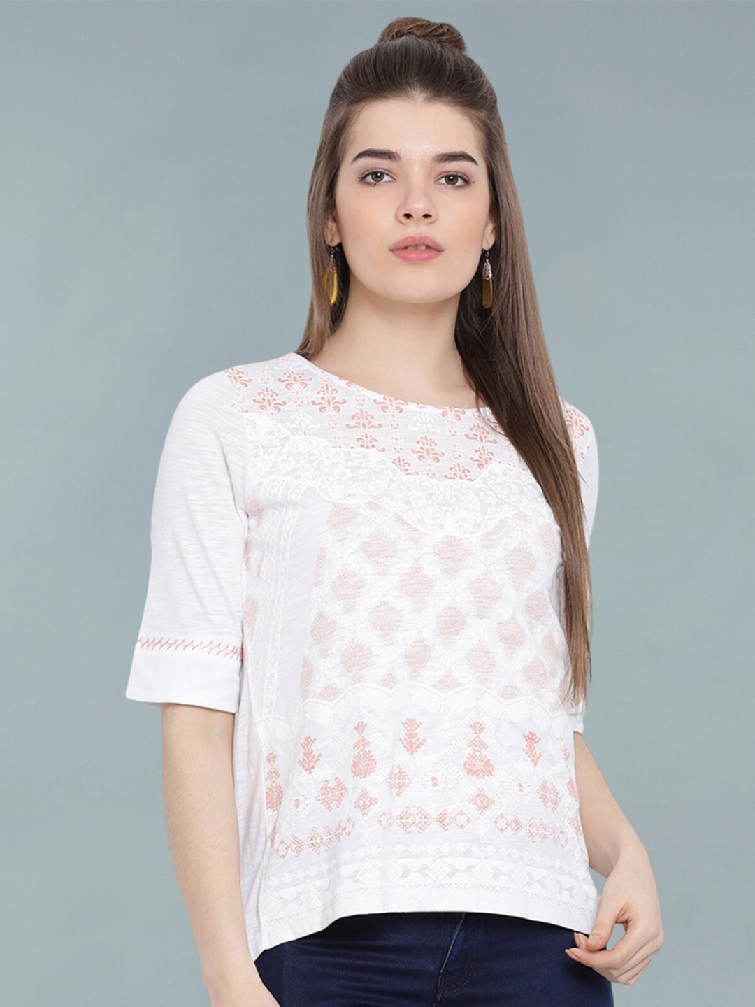 

Moda Elementi Print Sheer Top, White