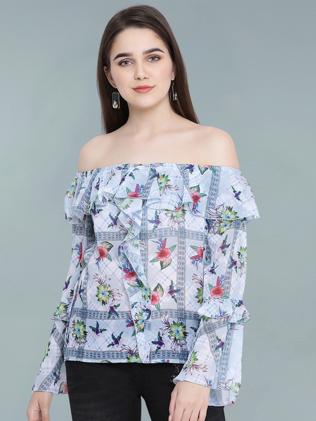 

Moda Elementi Floral Print Off-Shoulder Bell Sleeve Sheer Bardot Top, Grey