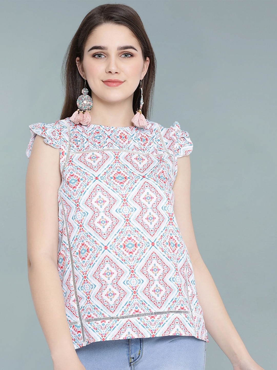 

Moda Elementi Print Flutter Sleeve Top, White
