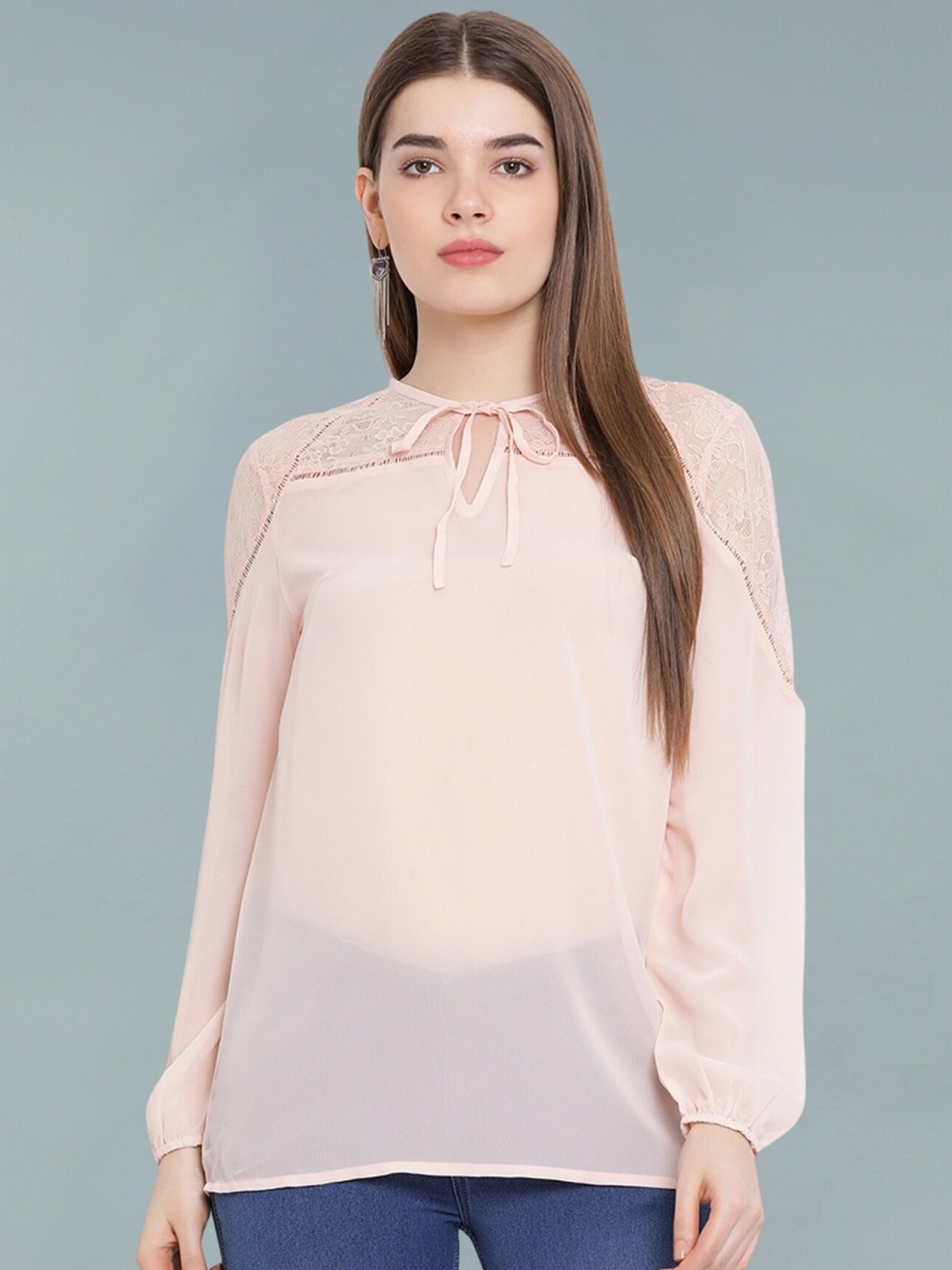 

Moda Elementi Tie-Up Neck Sheer Top, Beige