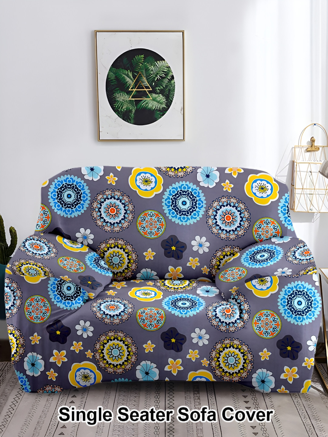 

Aura Grey & Blue Printed Polyester 1 Piece Sofa Cover With Arms