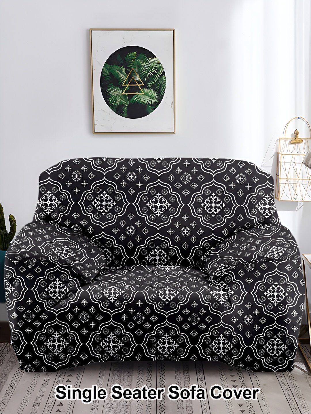 

Aura Black & White Printed Polyester 1 Piece Sofa Cover With Arms