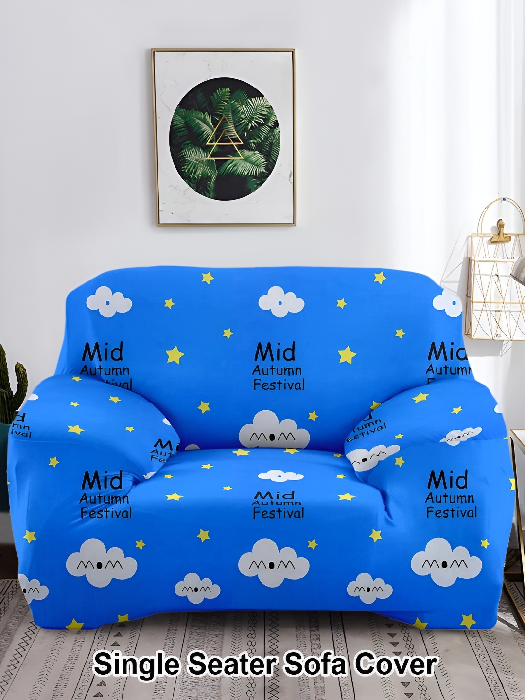 

Aura Blue & White Printed Polyester 1 Piece Sofa Cover With Arms