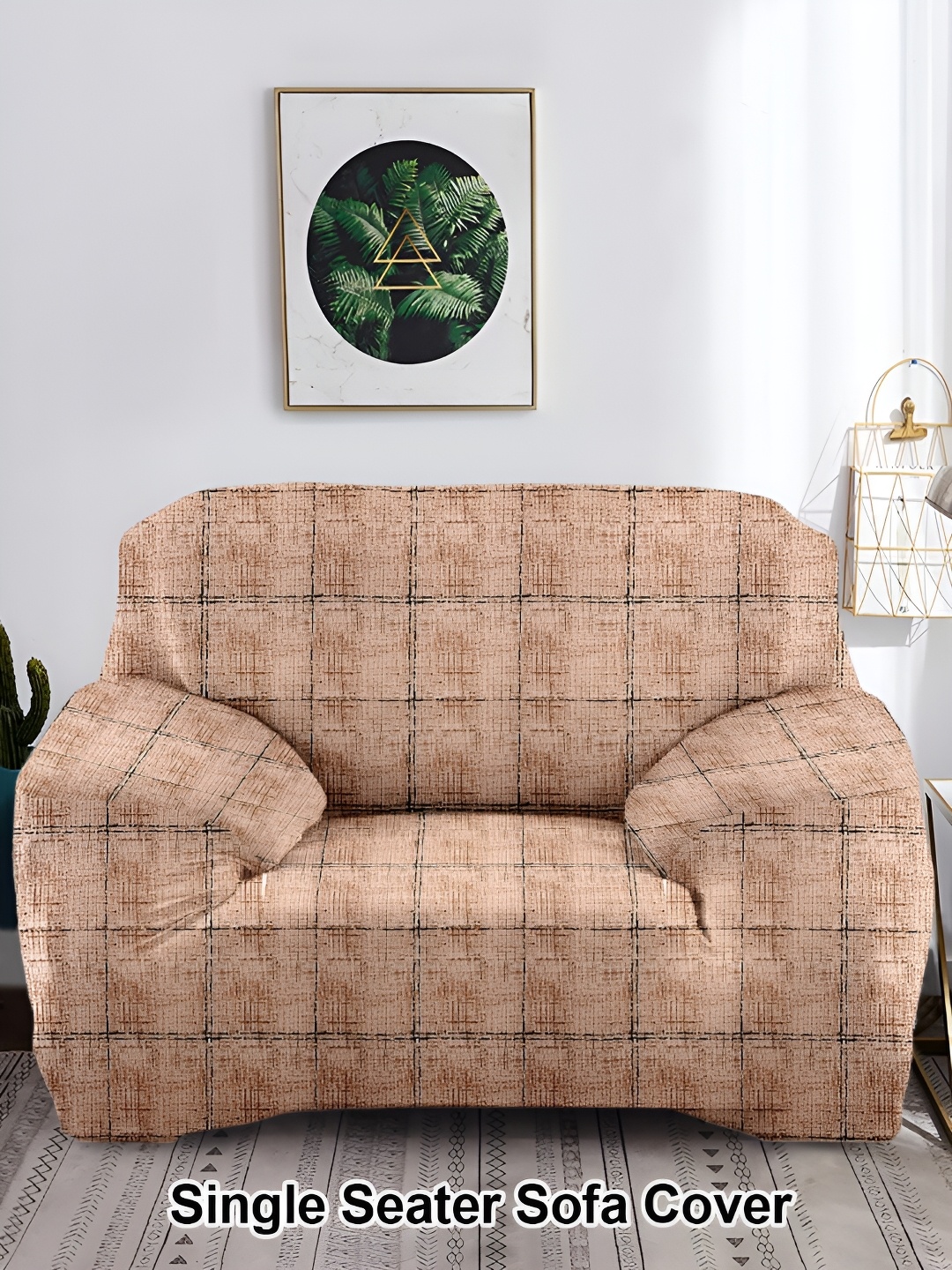 

Aura Beige & Black Printed Polyester 1 Piece Sofa Cover With Arms