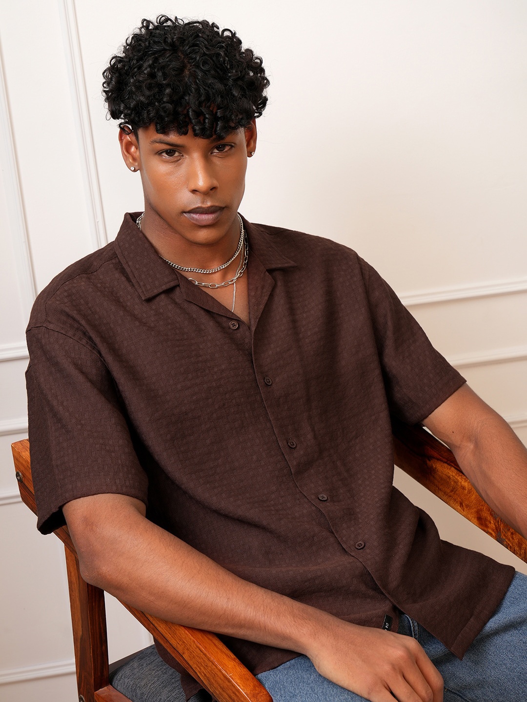 

LOCOMOTIVE Men Premium Dobby Textured Cuban Collar Relaxed Shirt, Brown