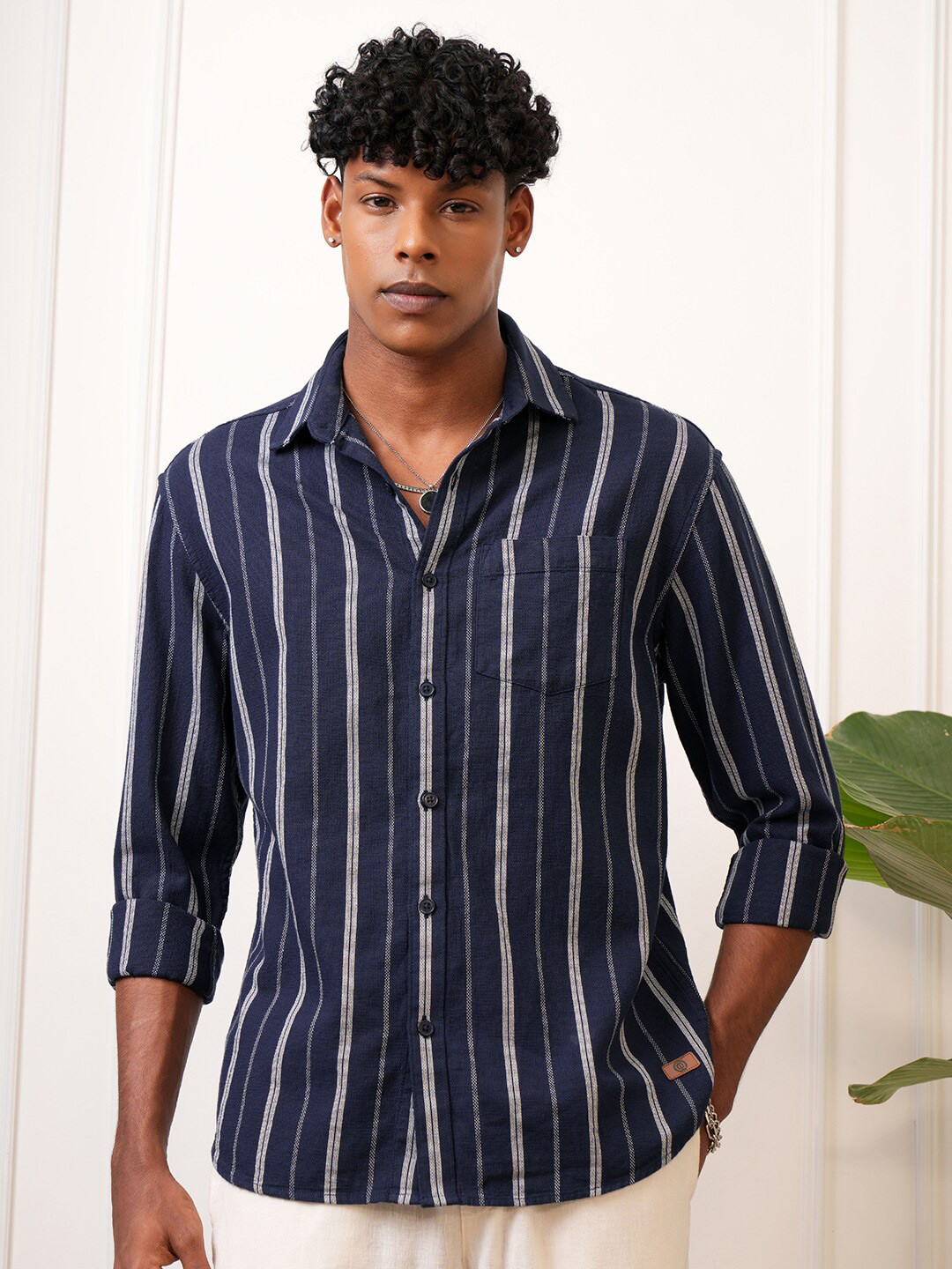 

LOCOMOTIVE Men Premium Dobby Textured Striped Relaxed Shirt, Navy blue