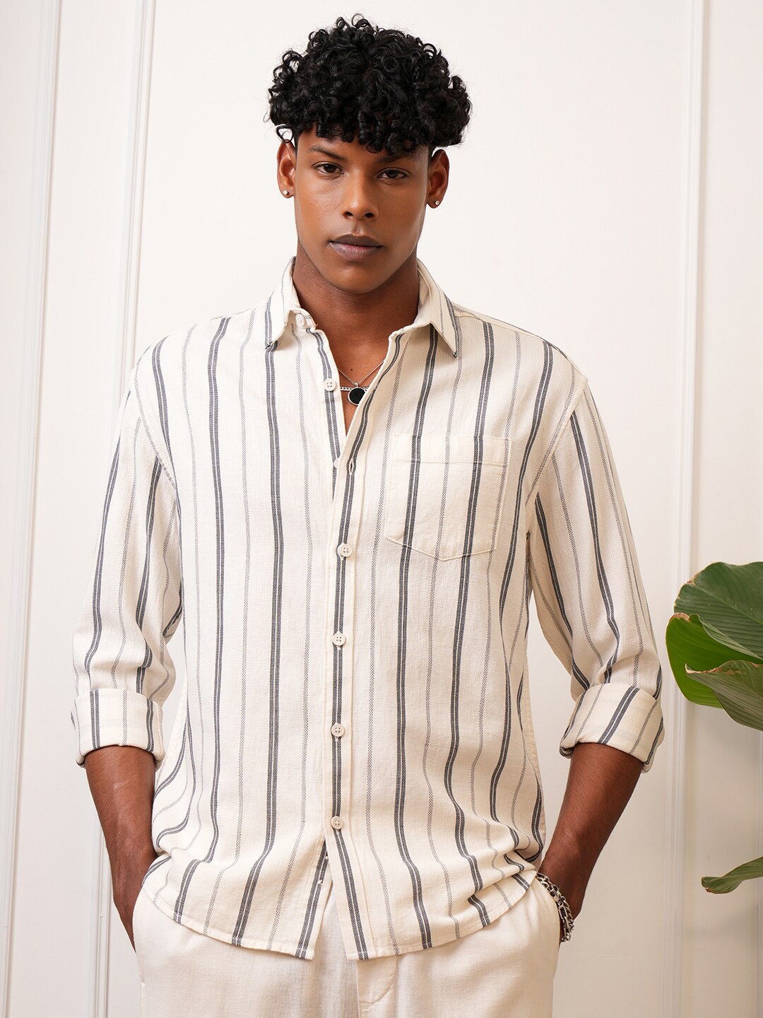 

Locomotive Men Dobby Textured Striped Relaxed Shirt, Cream